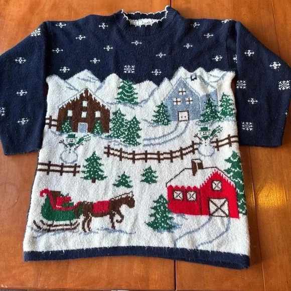 Vtg 80s Ugly Christmas Sweater Women Blue Snowflakes USA Made Sz S 100% Acrylic - Picture 2 of 9